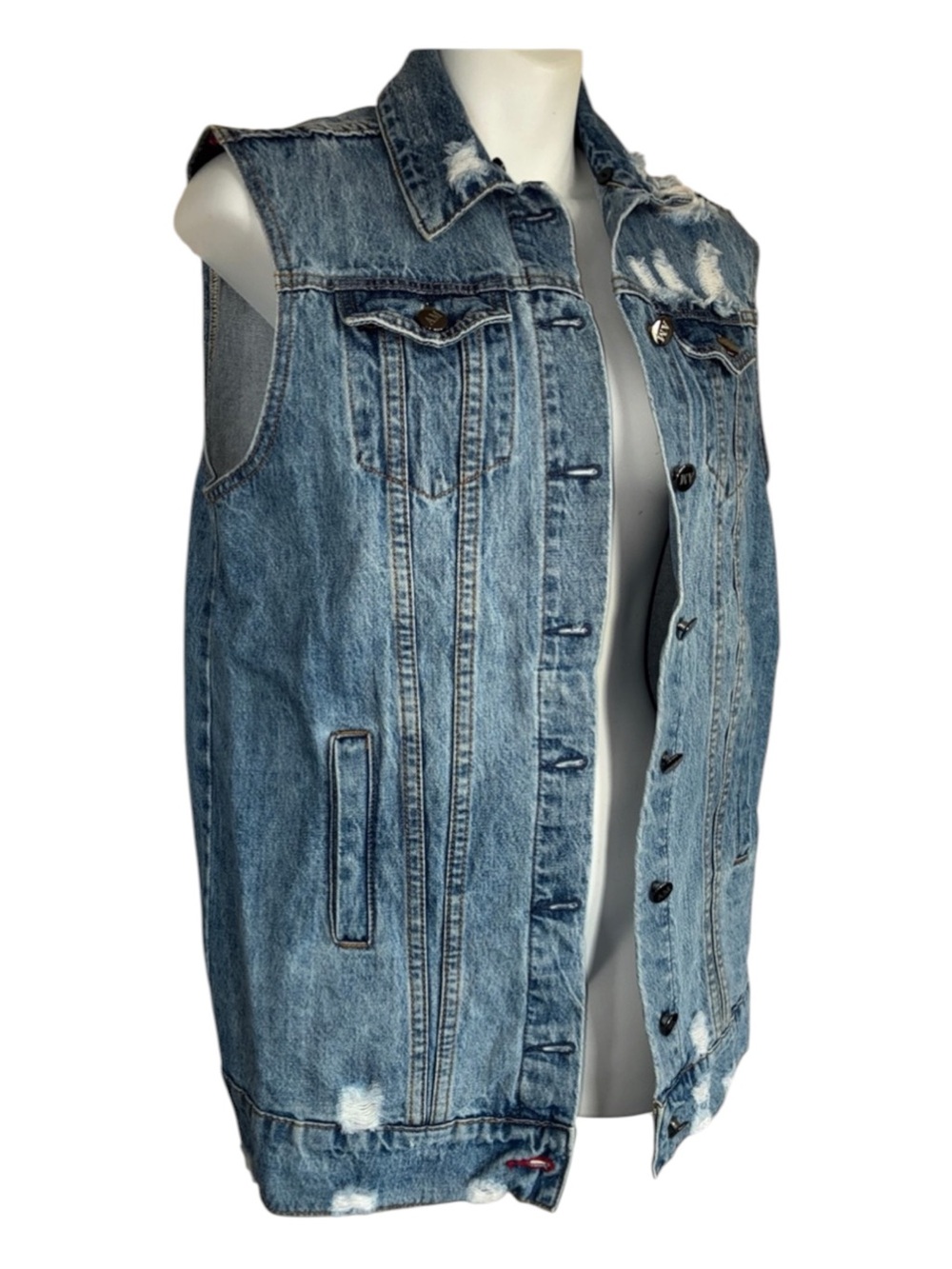 Alberto Kamali Distressed Denim Vest Women's S, faint graffiti on upper back EUC